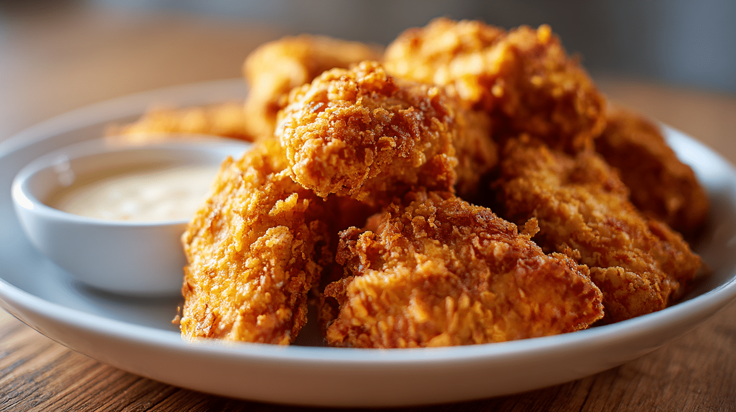 Aufnahme von oben der KFC Panade Original, zeigt die goldene Kruste
