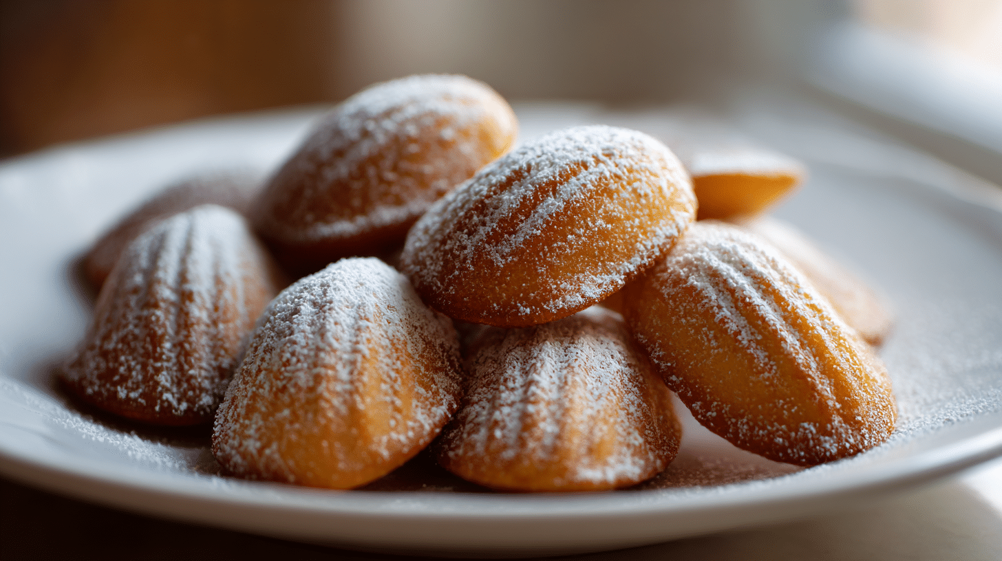 Madeleines Rezept Original 1 Original Madeleines Rezept am Tisch angerichtet mit Puderzucker