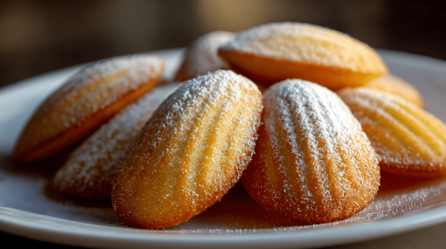 Nahaufnahme der fluffigen Textur von original Madeleines aus dem Backofen
