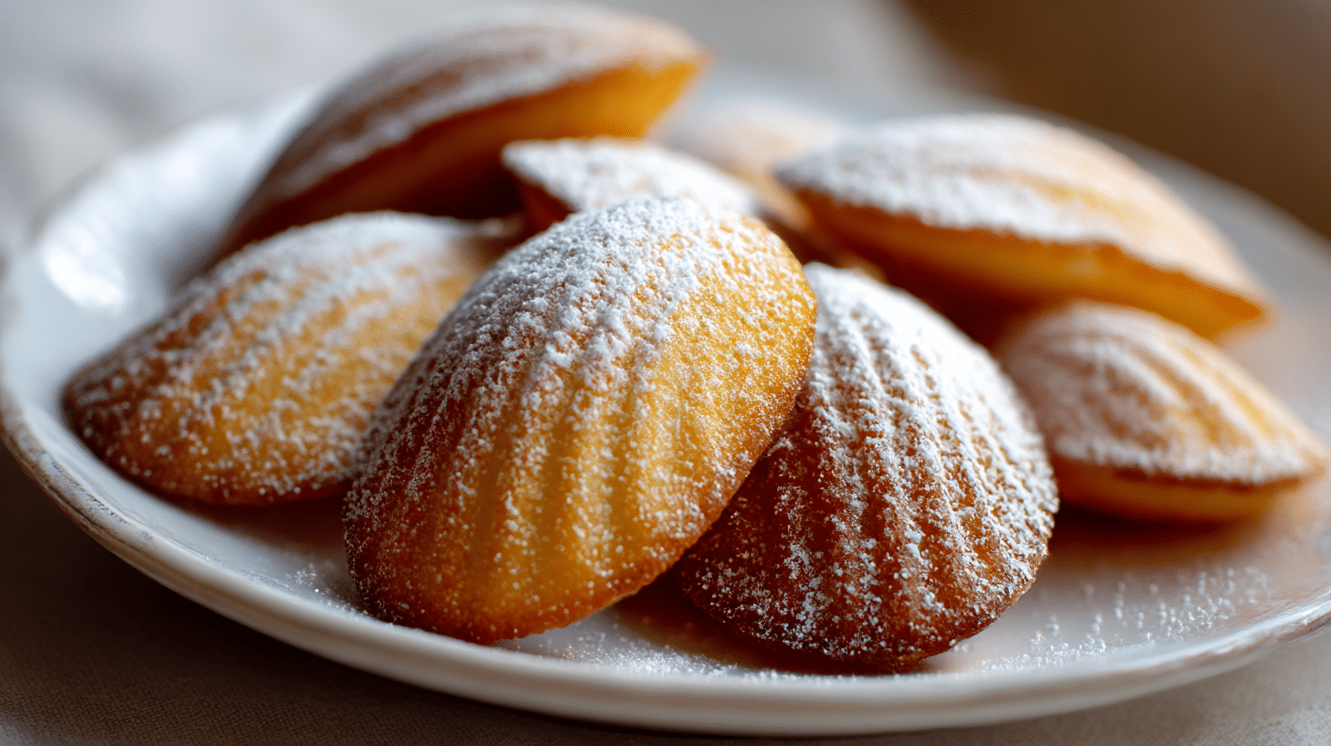 Servierte Original Madeleines auf schönem Teller mit Teetasse