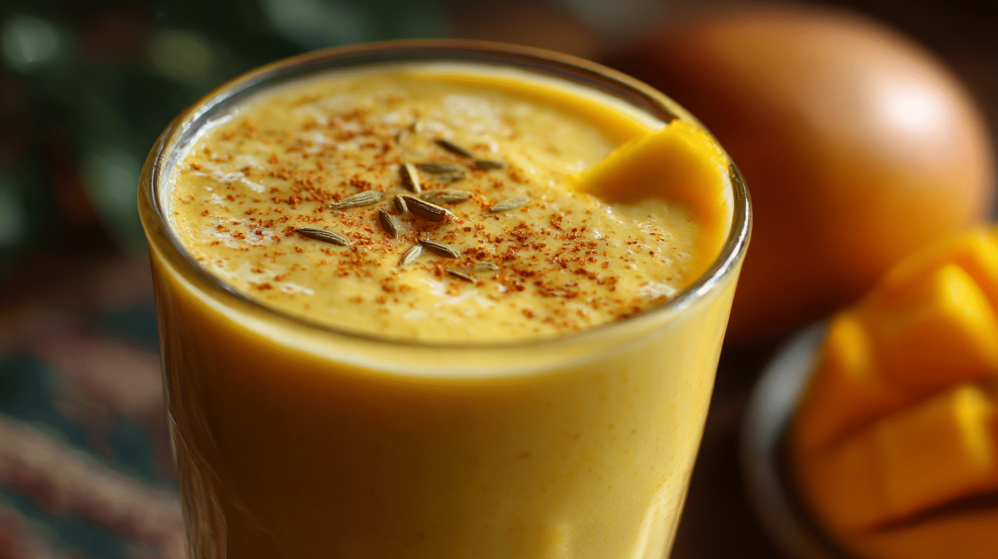 Mango Lassi in einem bunten Glas aus der Vogelperspektive