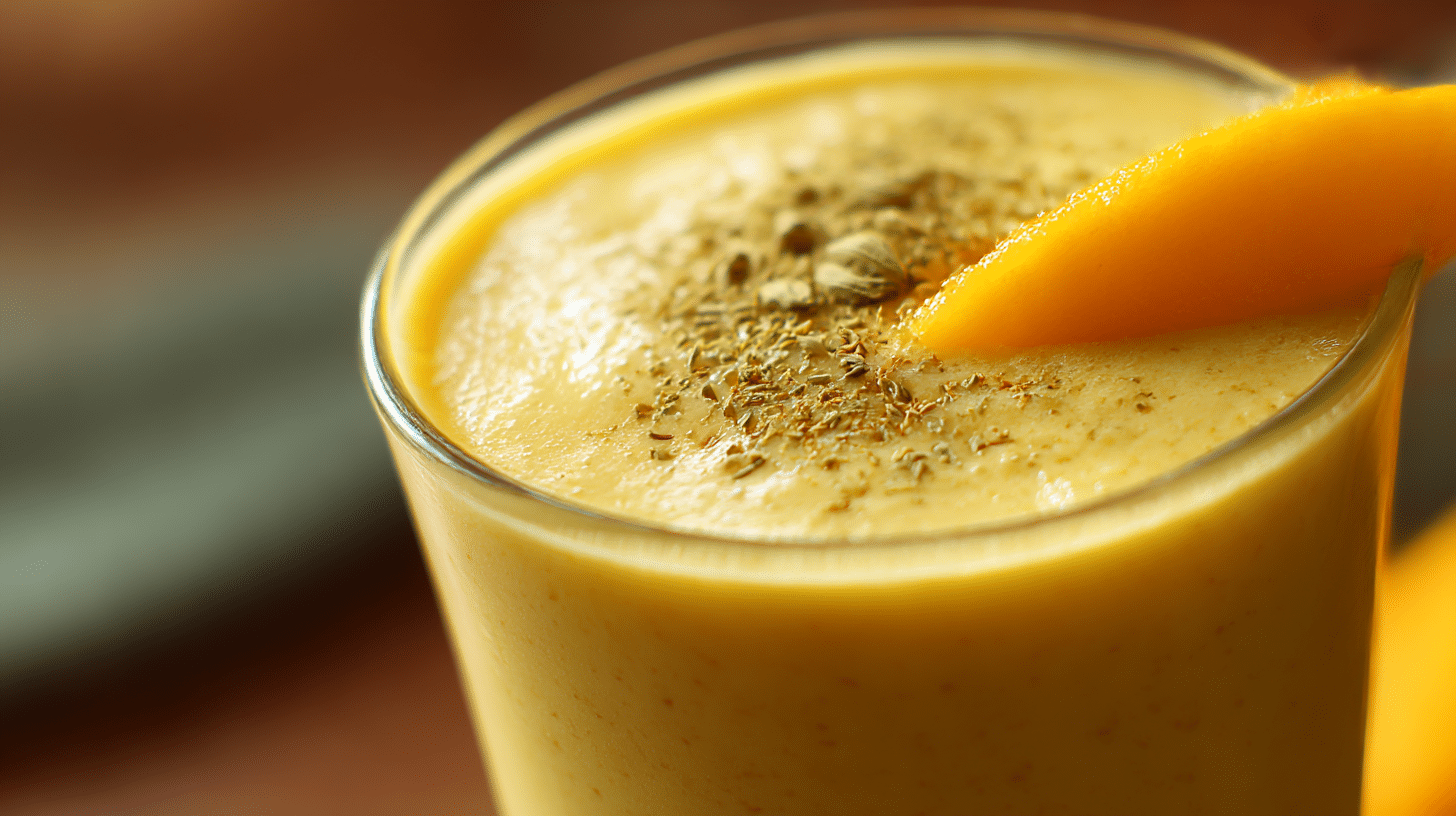 Original Mango Lassi in vollem Glas mit frischen Mangostücken und Minze
