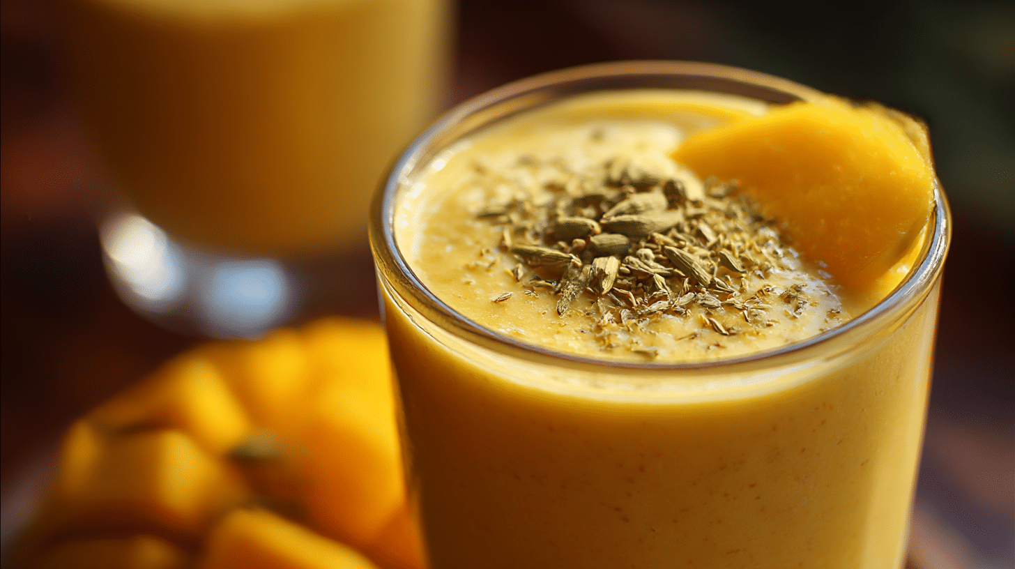 Original Mango Lassi in einem dekorativen Glas mit frischem Minzblatt