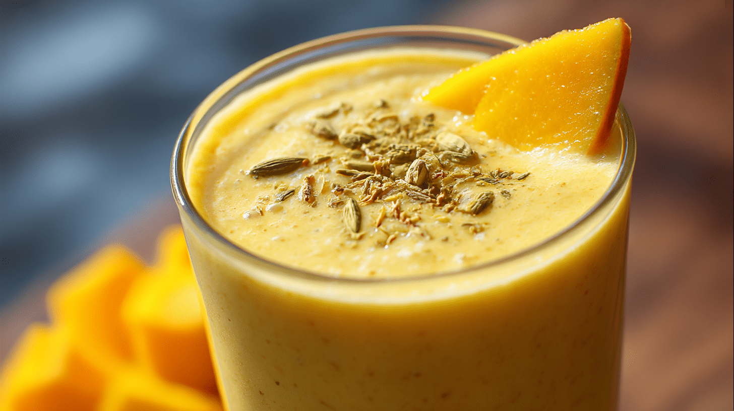 Servierplatte mit original Mango Lassi und frischen tropischen Früchten