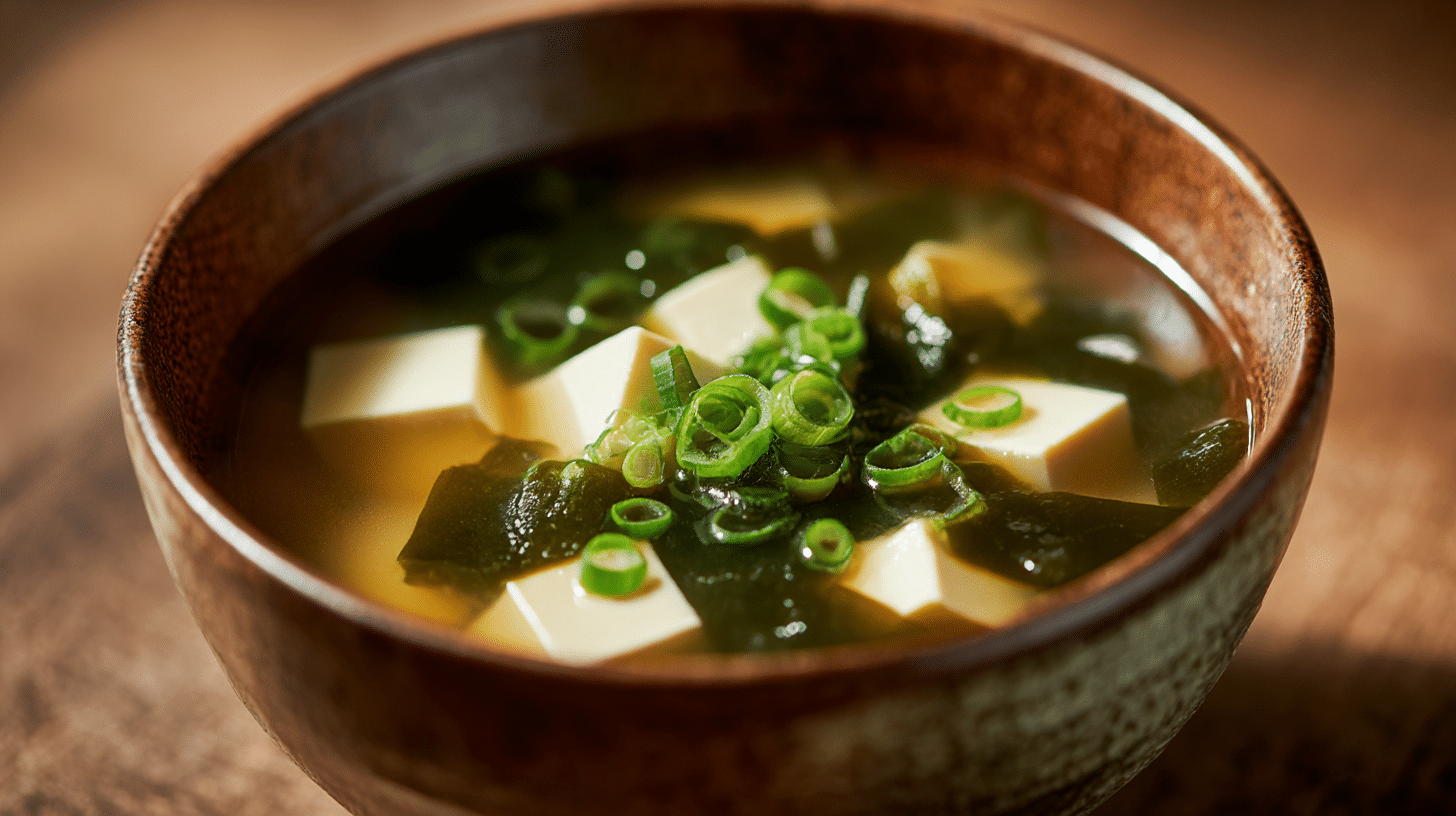 Nahaufnahme von Tofu und Algen in original Miso-Suppe