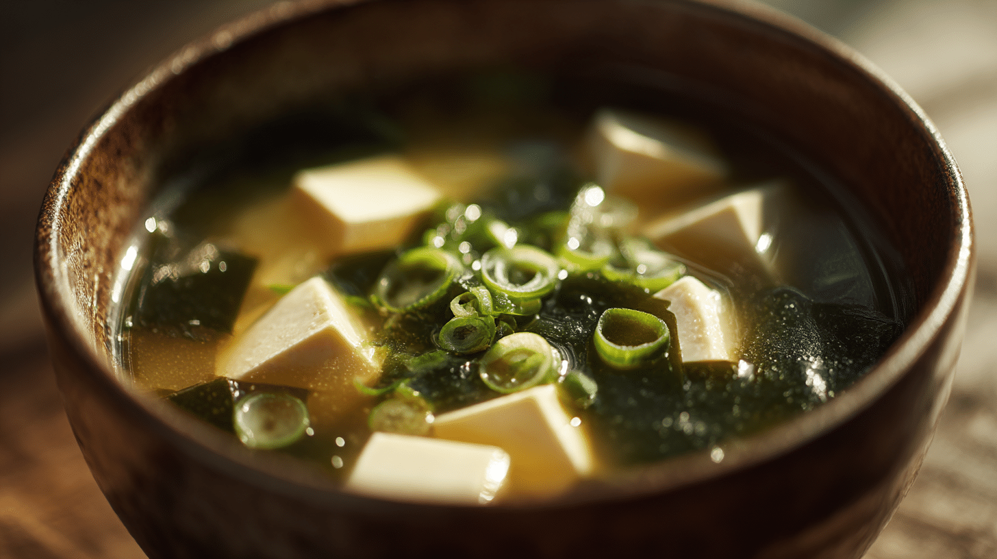 Original Miso-Suppe serviert mit frischen Frühlingszwiebeln