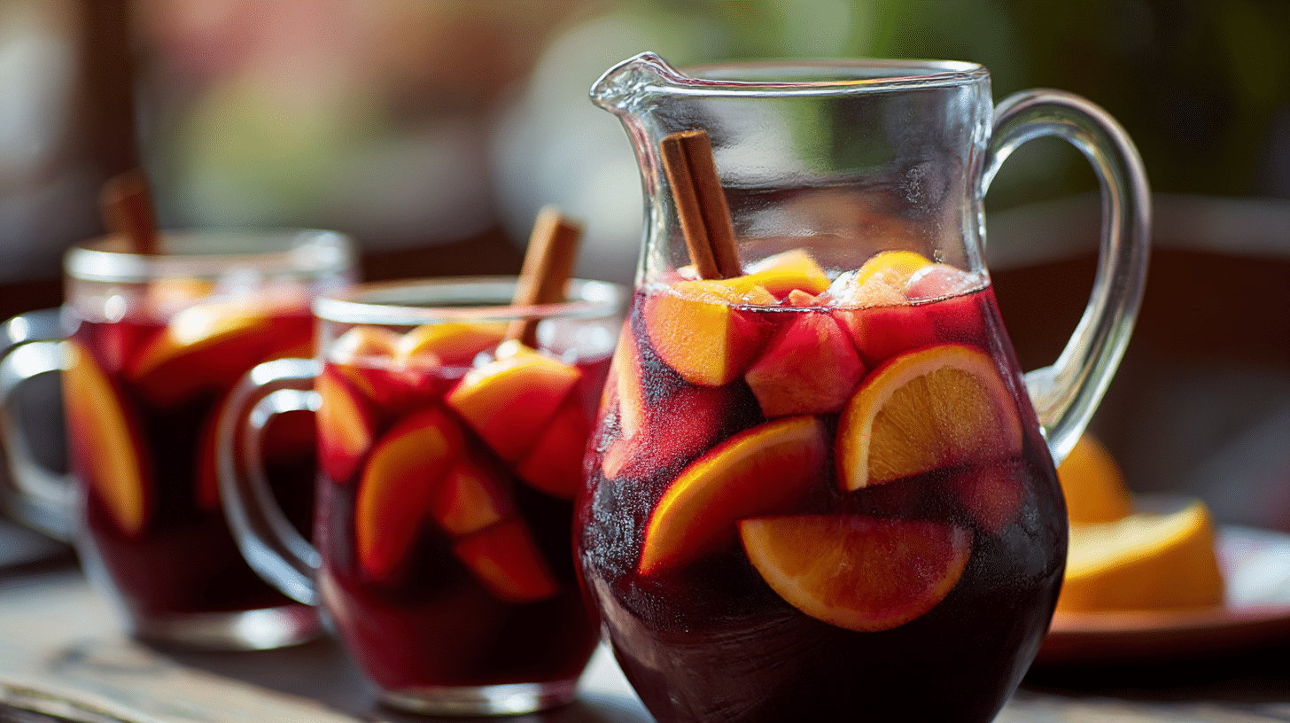 Original Andalusische Sangria in einer großen Glaskaraffe mit frischen Früchten und Eis