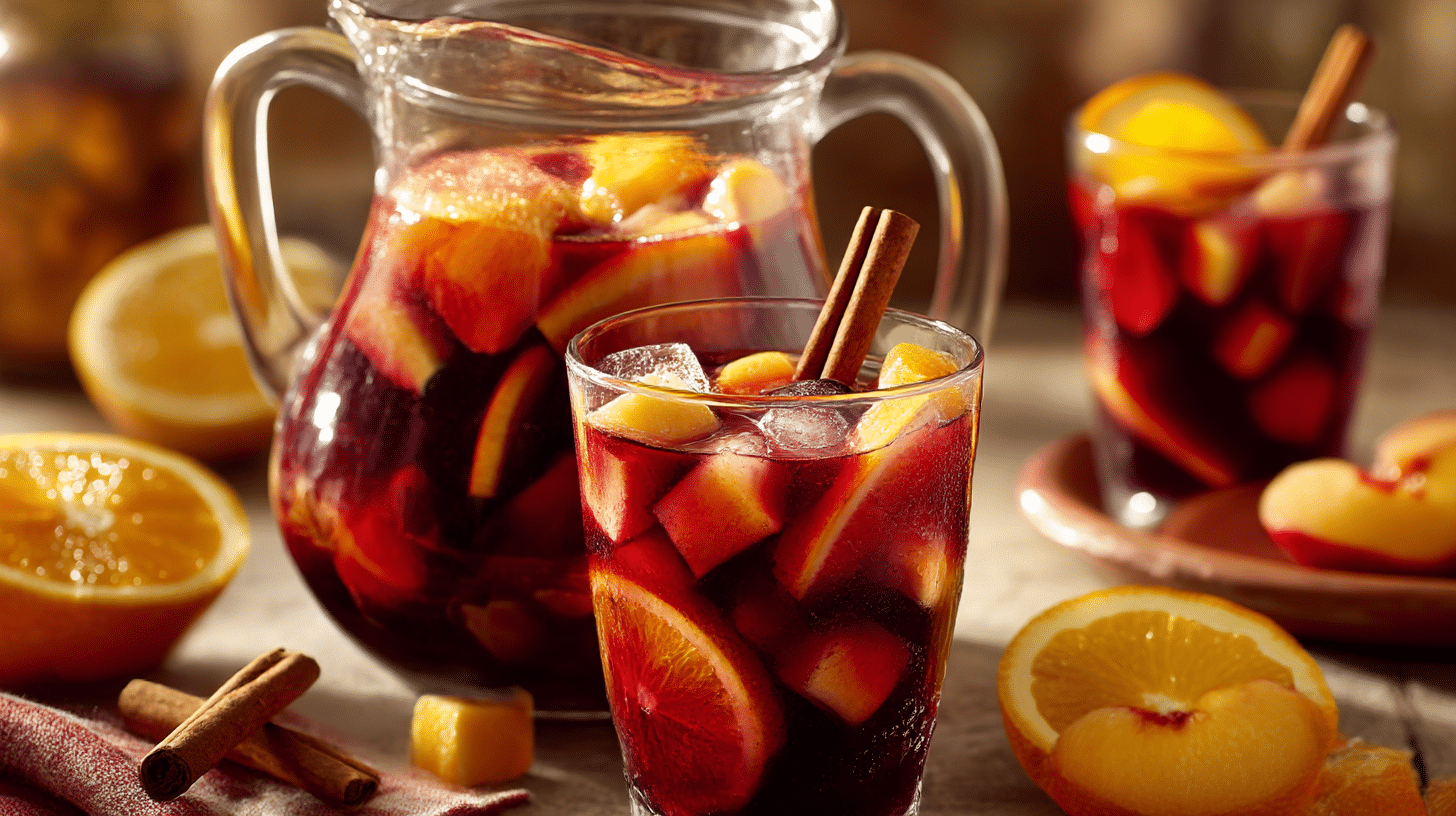 Ein Glas originale andalusische Sangria mit Zitrusfrüchten und frischer Minze, dekorativ serviert