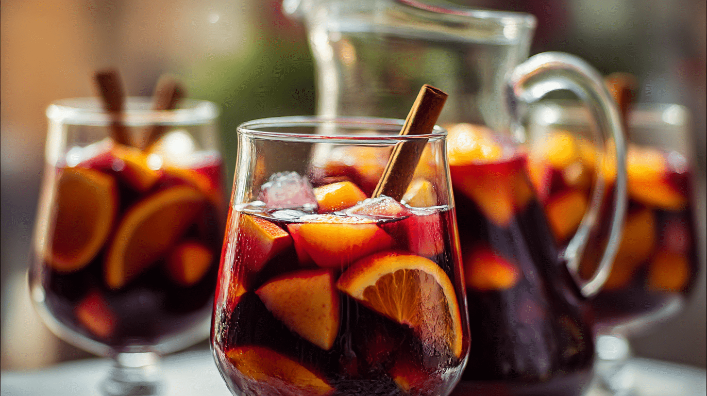 Glasschüssel mit original andalusischer Sangria und einem gefüllten Glas daneben
