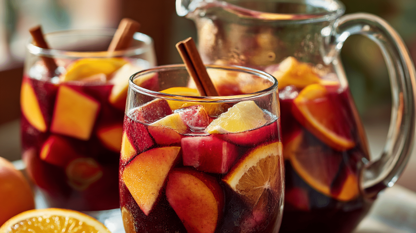 Nahaufnahme von frischen Früchten in original andalusischer Sangria, lebendig und einladend