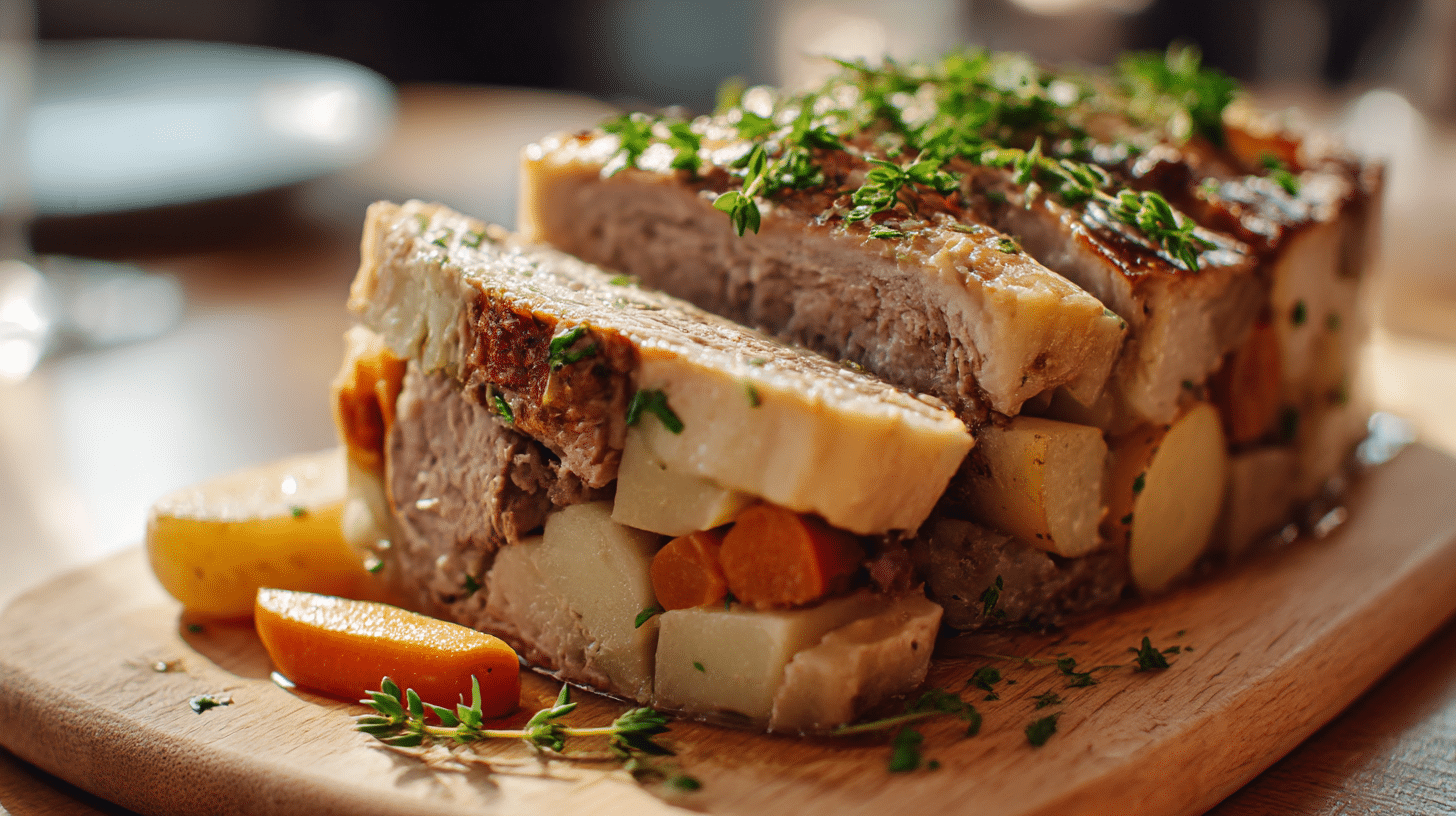 Angeschnittener Bäckeoffe original, sichtbar geschichtete Zutaten