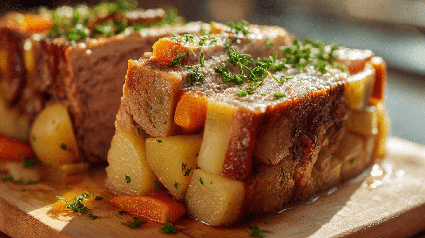 Nahaufnahme von Bäckeoffe original mit aromatischen Kräutern