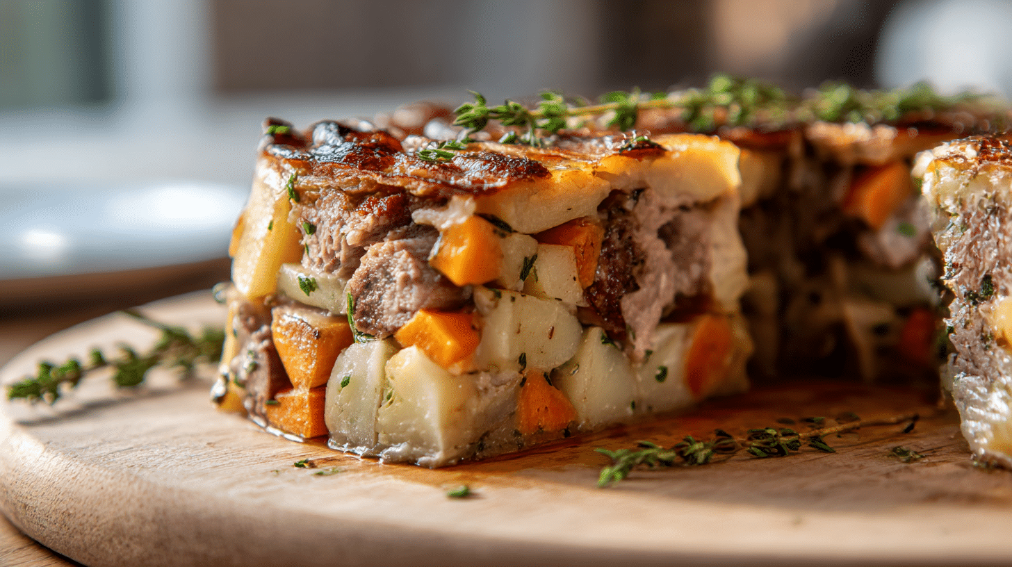 Servierte Portion Bäckeoffe original mit frischem Brot