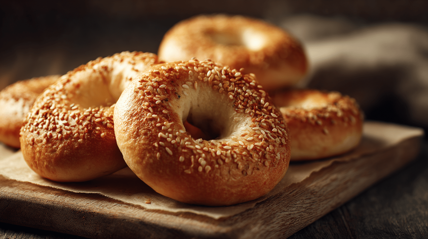 Original Bagels beim Backen im Ofen, goldbraun und knusprig