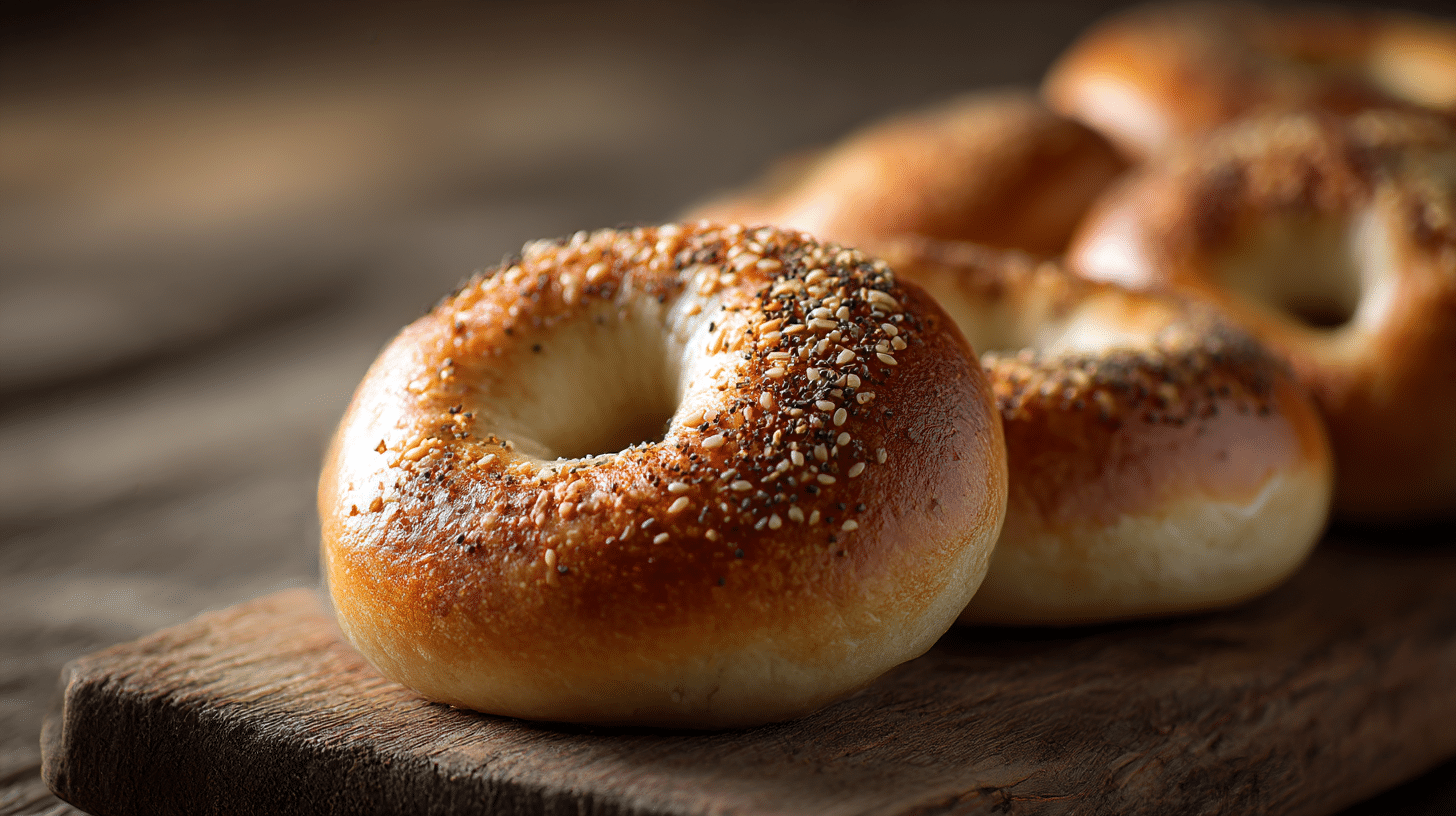Nahaufnahme eines original Bagels mit glänzender Kruste und Sesamsamen