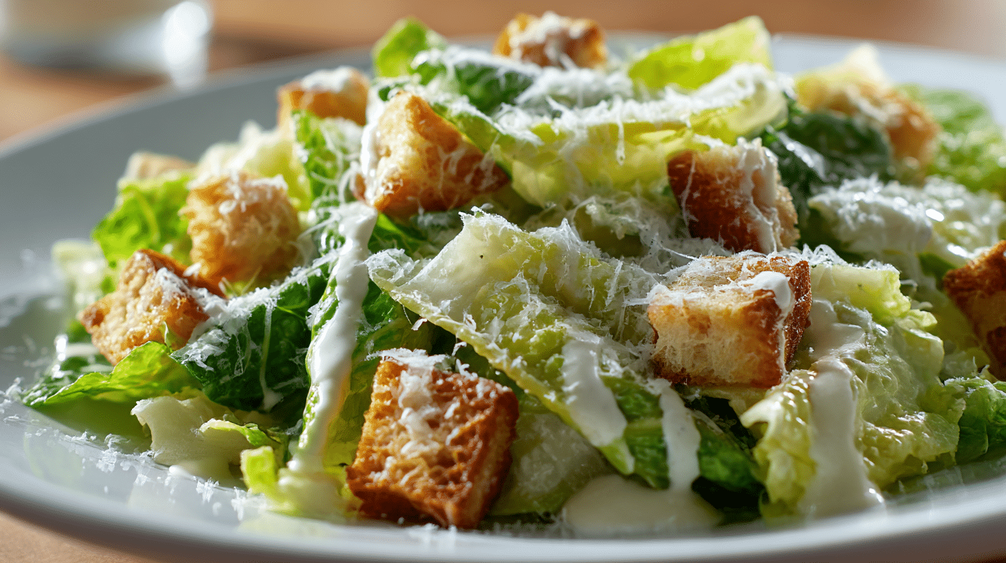 Anschnitt des Caesar Salats mit Dressing und Croutons