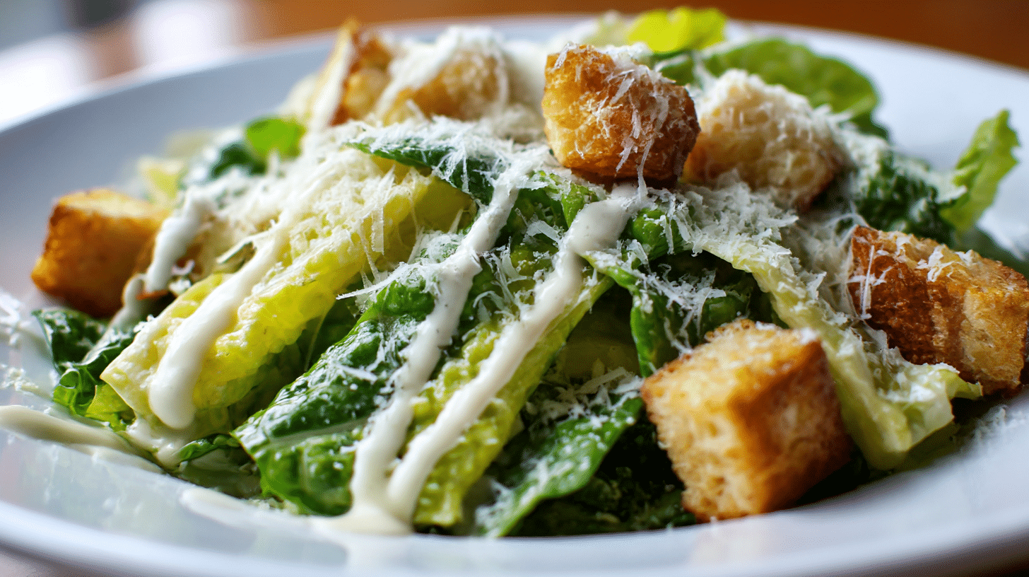 Nahaufnahme der frischen Zutaten im Caesar Salat