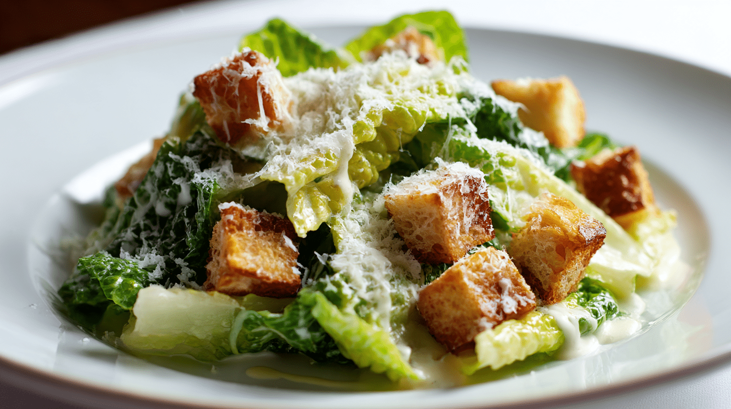 Caesar Salat auf Servierplatte mit Zitronenscheiben