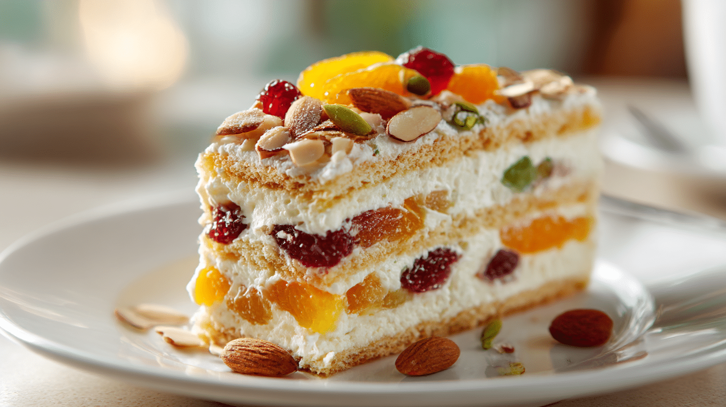 Angeschnittene original Cassata Siciliana mit Schichten von Ricotta und kandierten Früchten