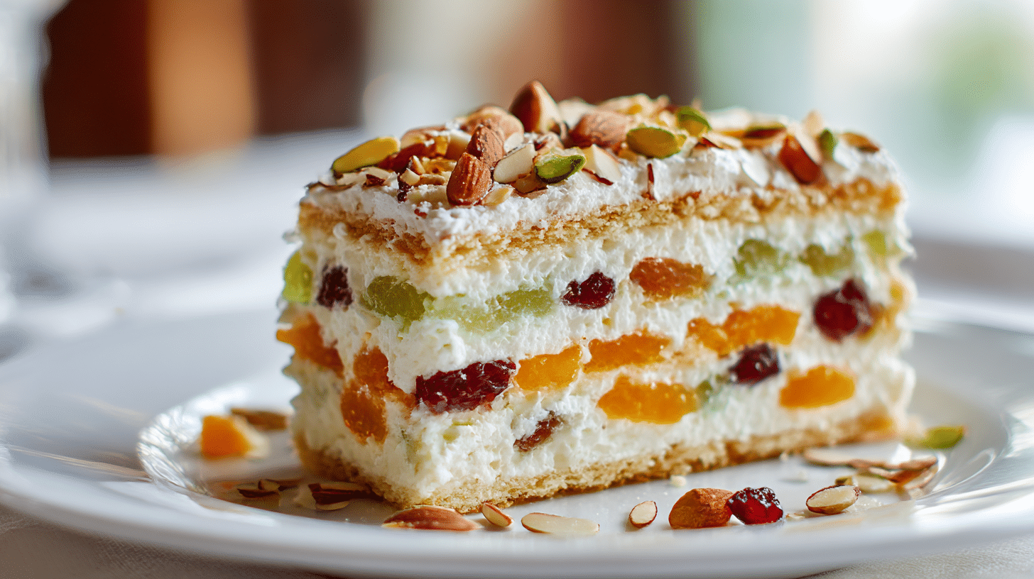 Original Cassata Siciliana auf einem stilvollen Servierteller, umgeben von Früchten
