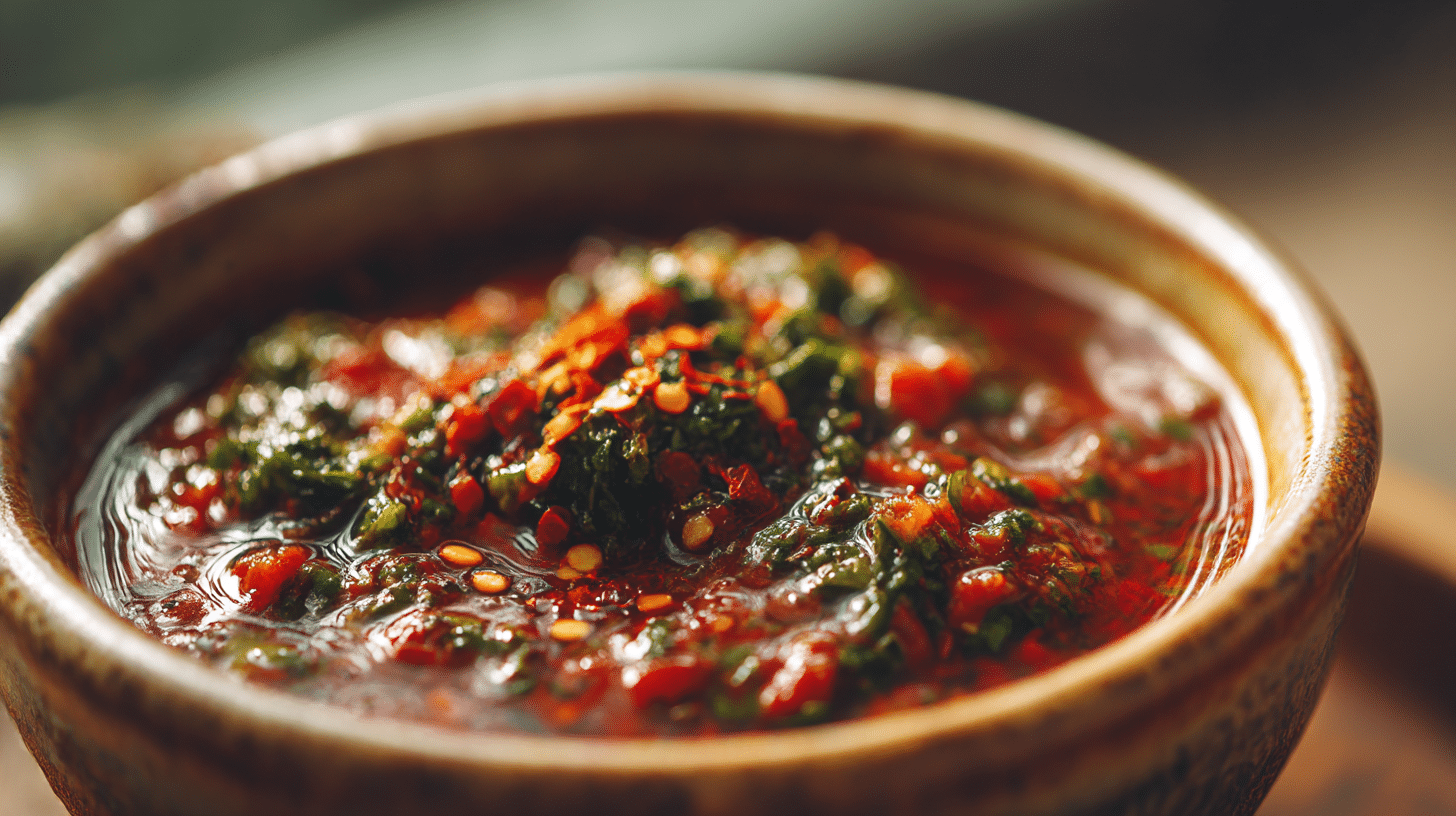 Detailaufnahme der Konsistenz von original Chimichurri Rot in einem Löffel