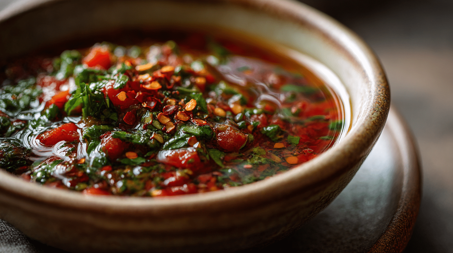 Original Chimichurri Rot serviert mit gegrilltem Fleisch auf einem Teller