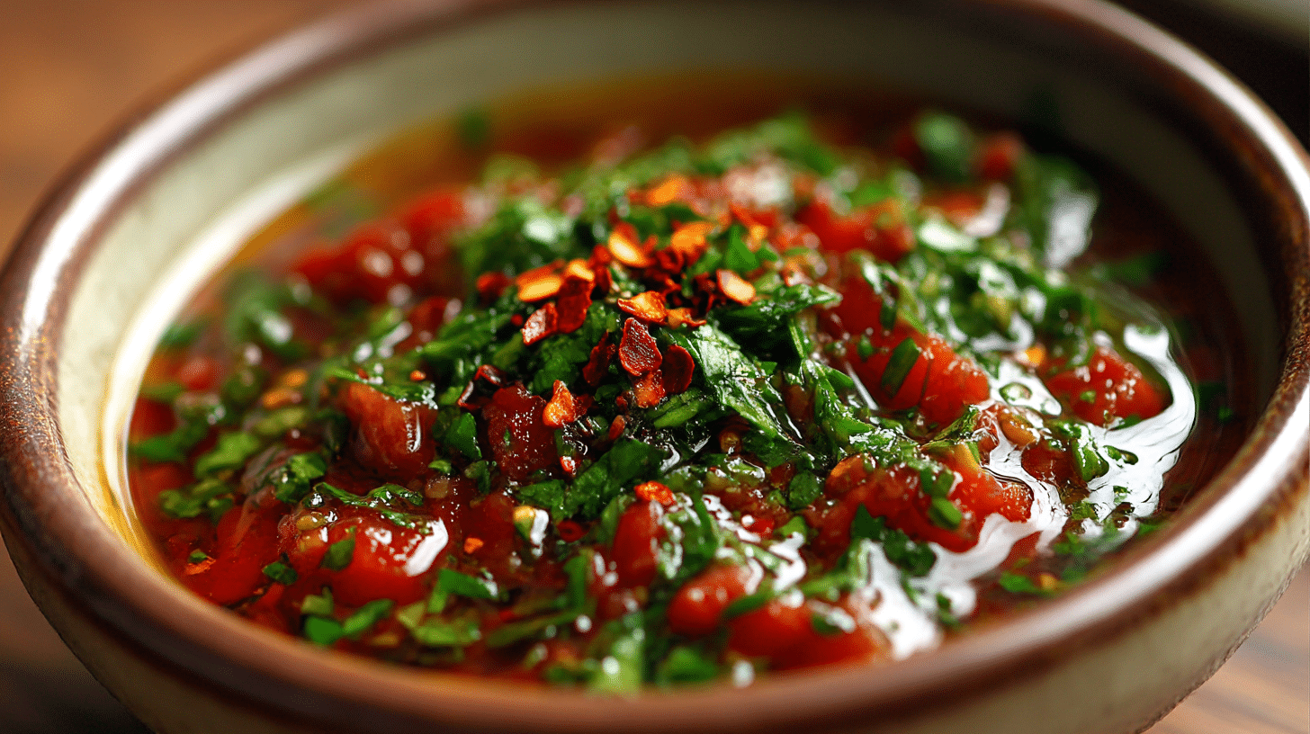Nahaufnahme der frischen Zutaten für original Chimichurri Rot auf einem Tisch