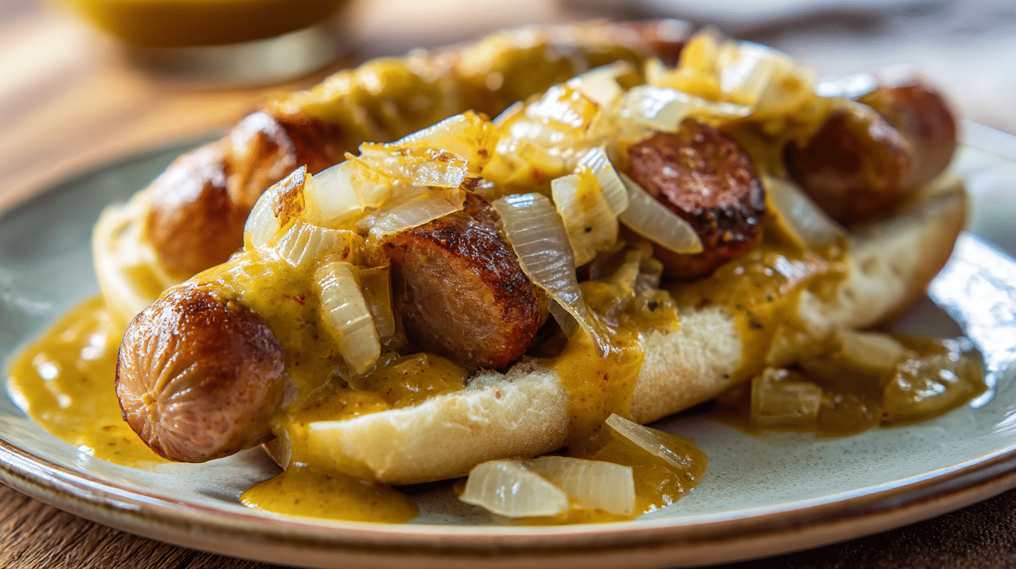 Angeschnittene Currywurst mit sichtbarem Saft und Gewürzen