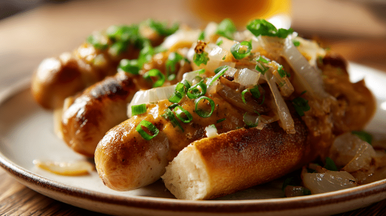 Original Currywurst im Ruhrgebiet auf buntem Teller serviert