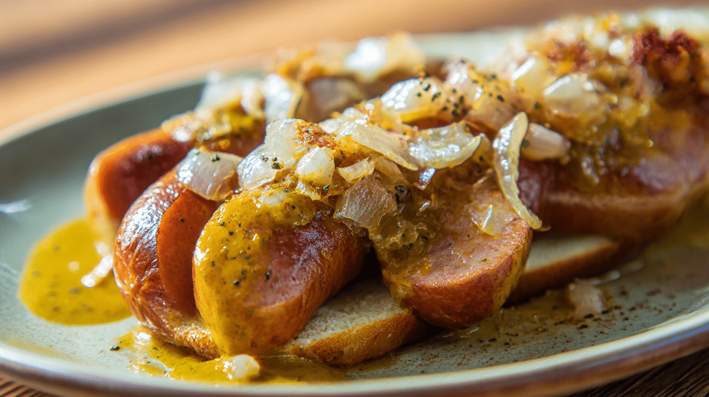 Nahaufnahme von Currywurst mit reichhaltiger Currysoße und frischen Zwiebeln