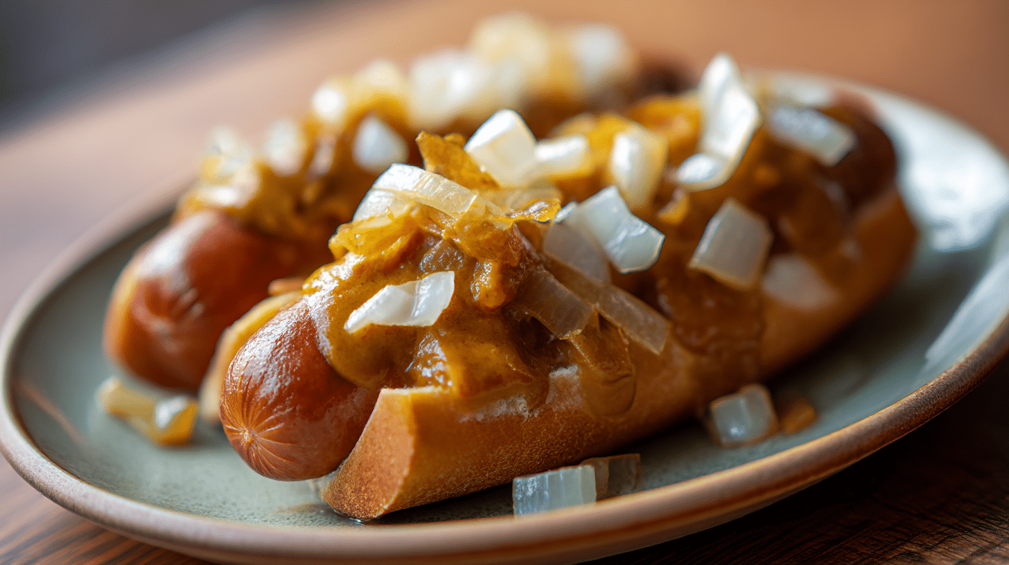 Currywurst auf Holzbrett mit Pommes und Mayo, traditionelle Ruhrgebietsspezialität