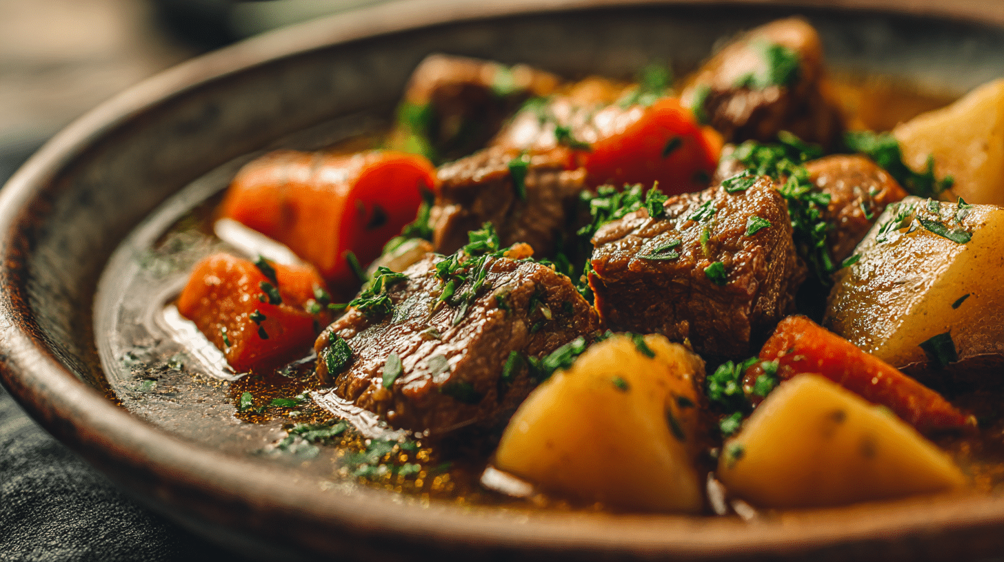 Feuertopf Original 1 Traditioneller Feuertopf mit buntem Gemüse und zartem Fleisch in einer gusseisernen Pfanne