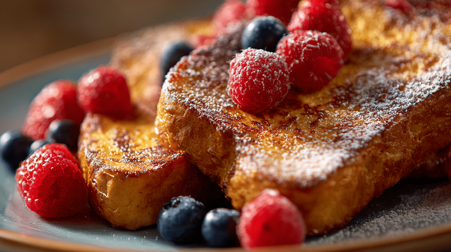 French Toast Original 1 Original französischer Toast auf einem Teller, garniert mit frischen Früchten