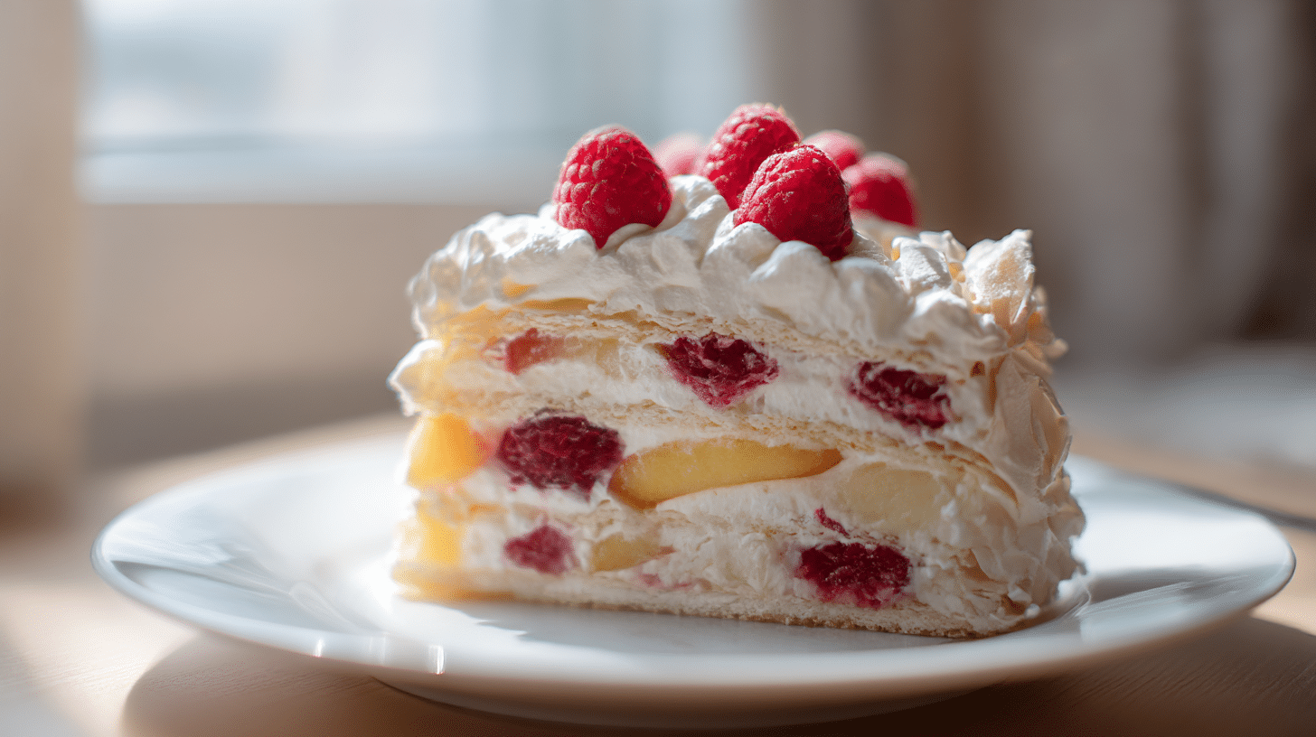 Ein Stück der original Himmelstorte auf einem Teller mit einer Gabel daneben