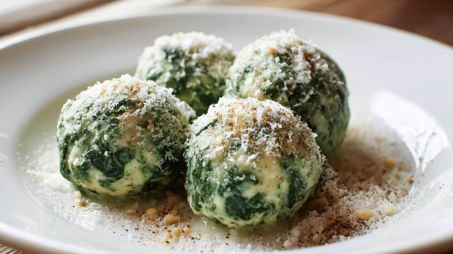 Angeschnittene Original Malfatti zeigen die grüne Füllung aus Spinat und Käse