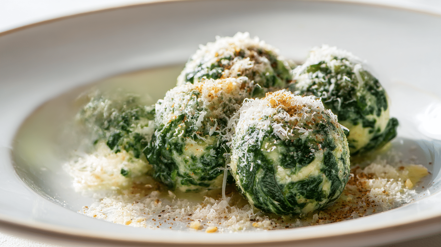 Original Malfatti als traditionelle italienische Teigknödel auf einem Holzbrett serviert