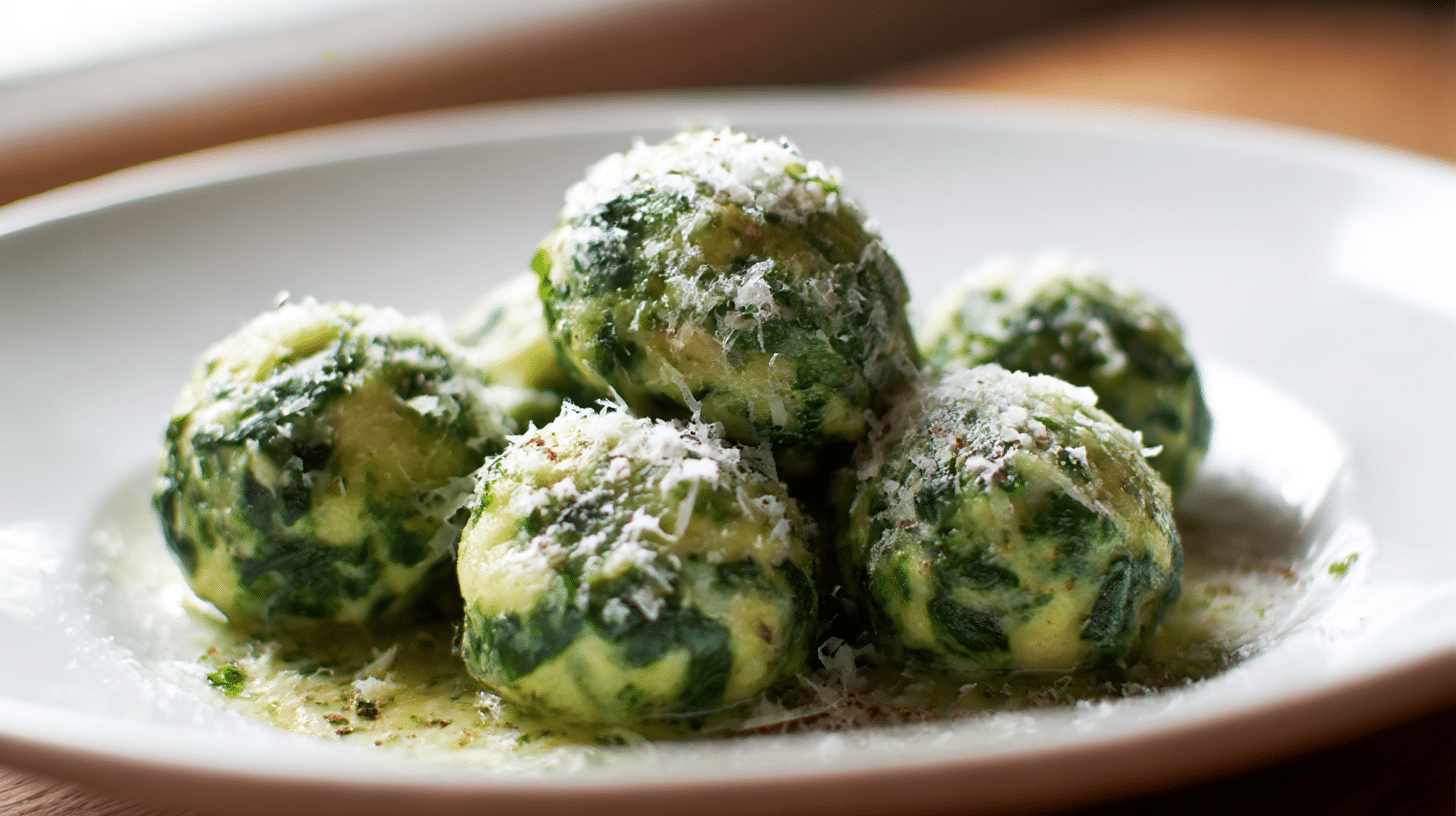 Original Malfatti serviert mit einer leichten Tomatensauce und frischen Kräutern