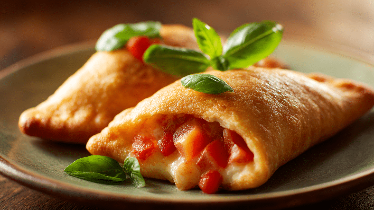 Servierte Panzerotti auf Teller mit frischem Basilikum