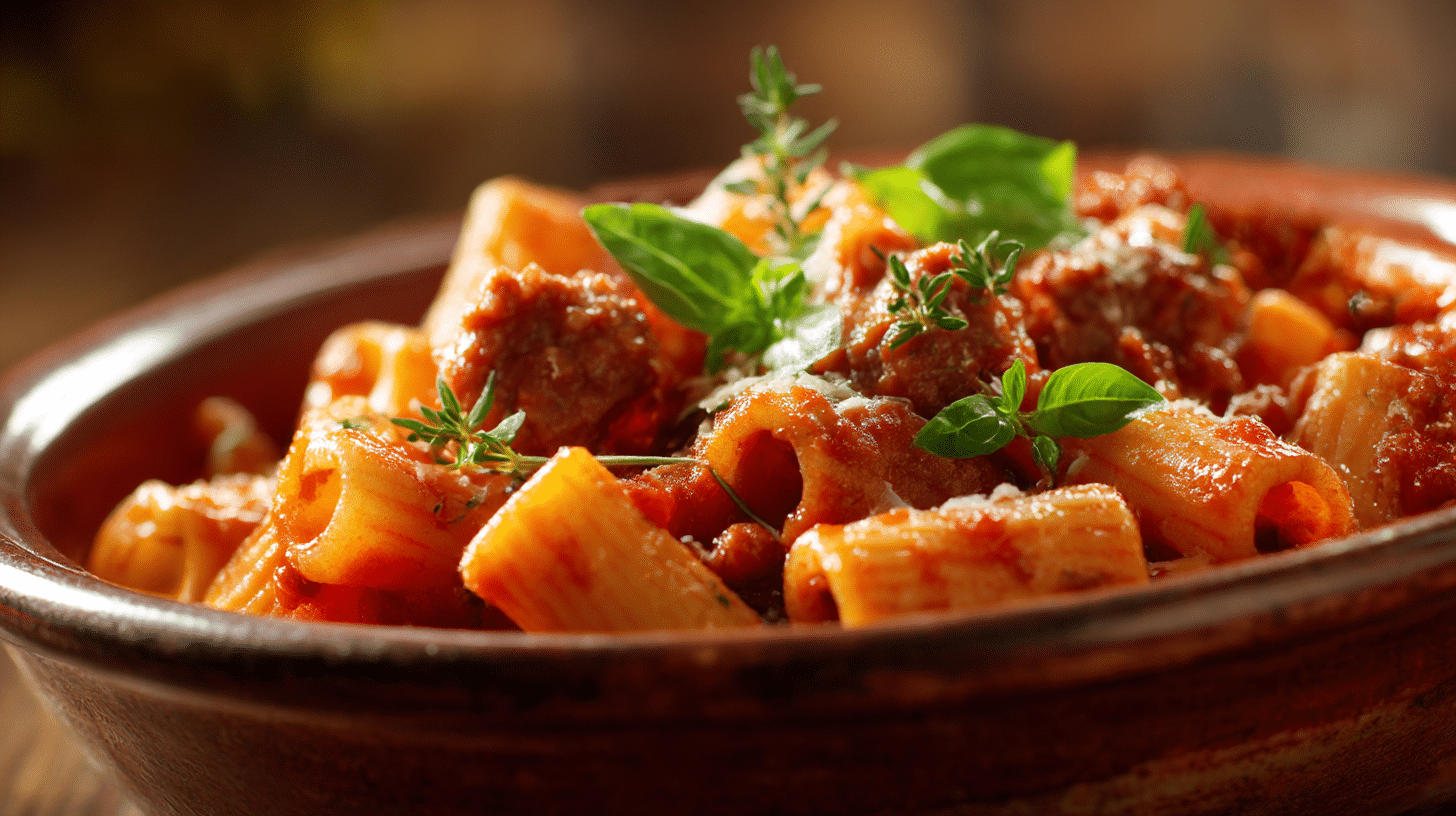 Detailaufnahme von original Pasta Salsiccia mit der charakteristischen Wurst und Kräutern