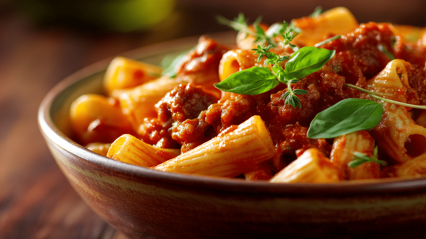 Pasta Salsiccia Original 1 Original Pasta Salsiccia in einer großen Schüssel, elegant angerichtet