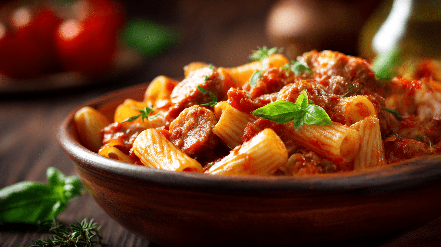 Nahaufnahme von original Pasta Salsiccia, die al dente gekocht und perfekt gewürzt ist