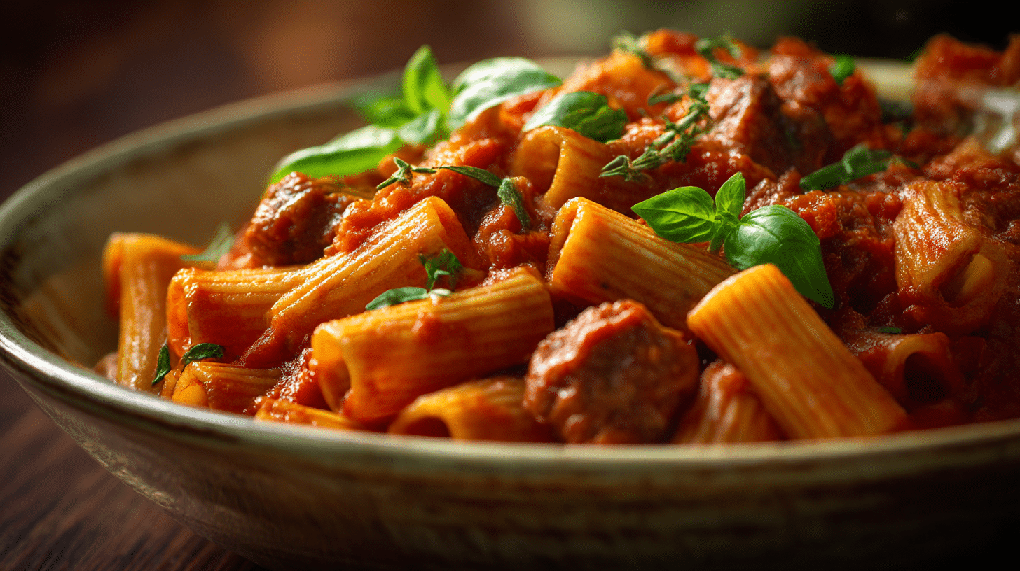 Serviervorschlag für original Pasta Salsiccia mit frischem Parmesan und Basilikum