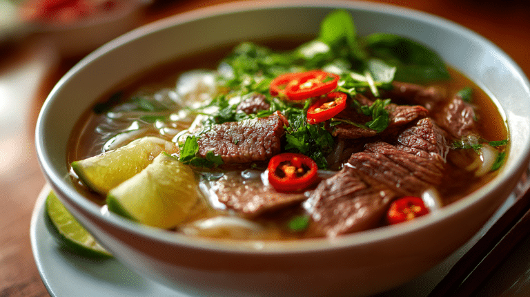 Pho Bo Original 6 Original Pho Bo auf Tisch mit frischen Kräutern und Limetten