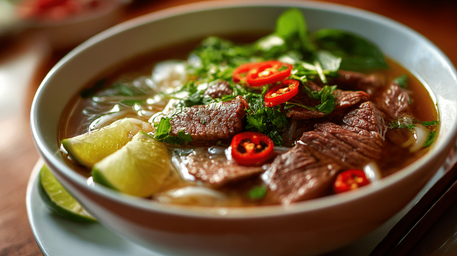 Original Pho Bo auf Tisch mit frischen Kräutern und Limetten