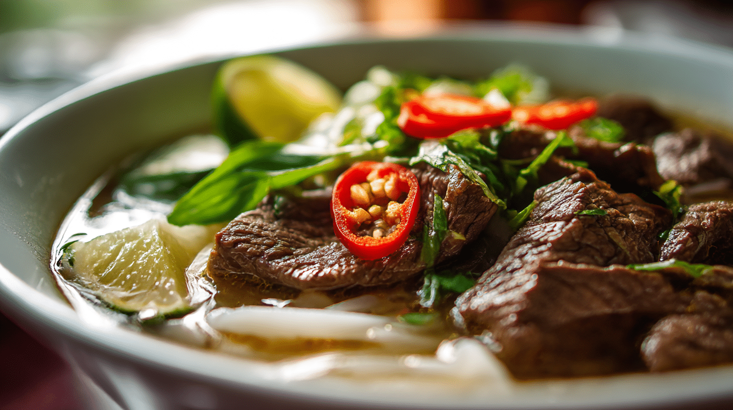 Nahaufnahme von leicht rauchendem original Pho Bo in Schüssel