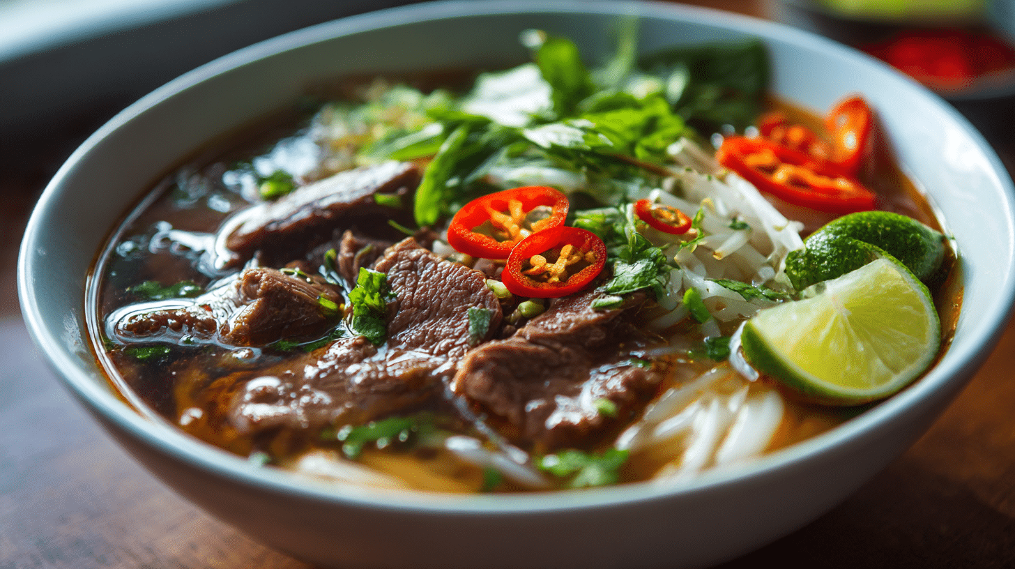 Servierte Schüssel mit original Pho Bo und Reisnudeln
