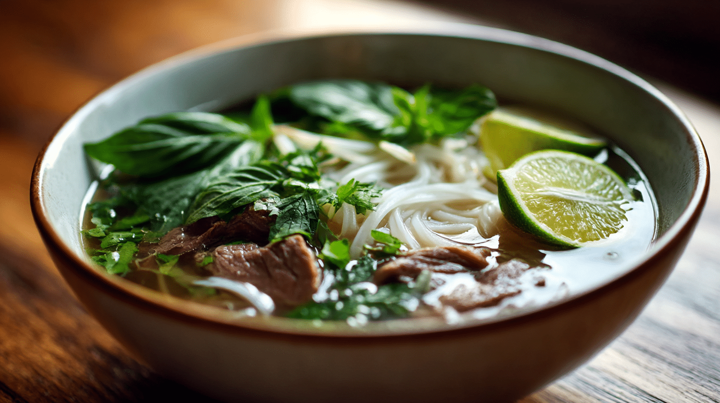 Detailaufnahme von original Pho mit frischen Kräutern und Limette