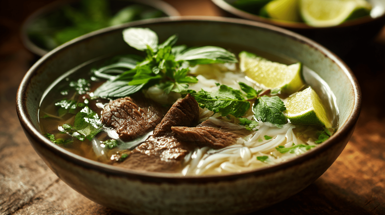 Nahaufnahme der zarten Reisnudeln in original Pho