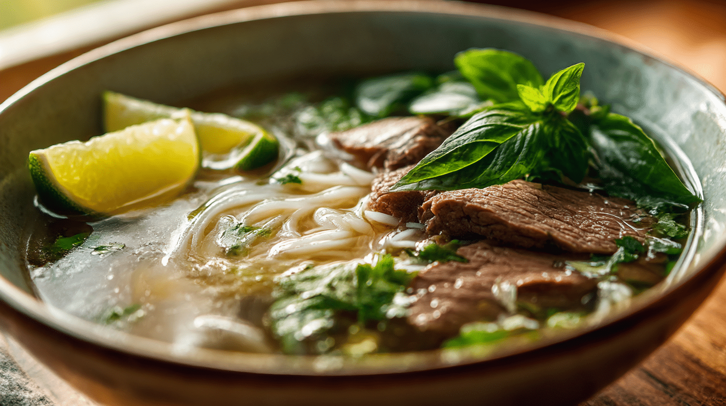 Original Pho serviert mit Beilagen von Sojasprossen und Chili