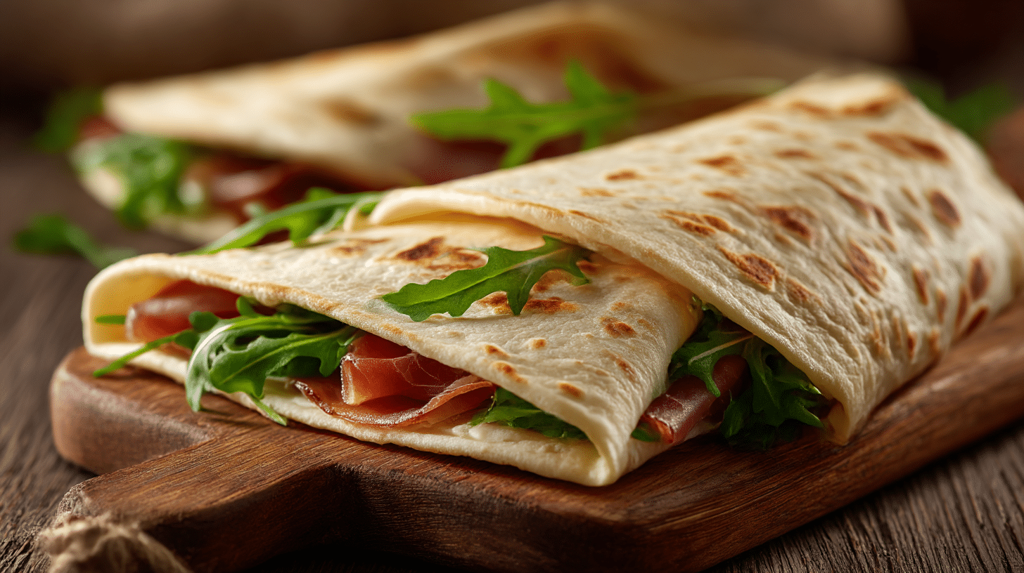 Original Piadina italienisch in großer Runde auf Holztisch